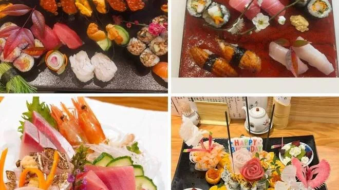 寿司と刺身の盛り合わせを木目の器に整えた料理写真
