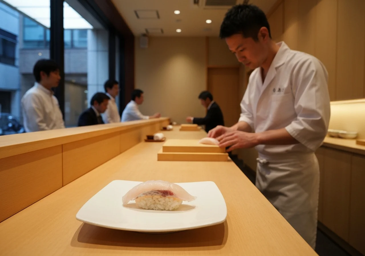 白身魚の握り寿司を一貫、白い器に盛り付けた料理写真