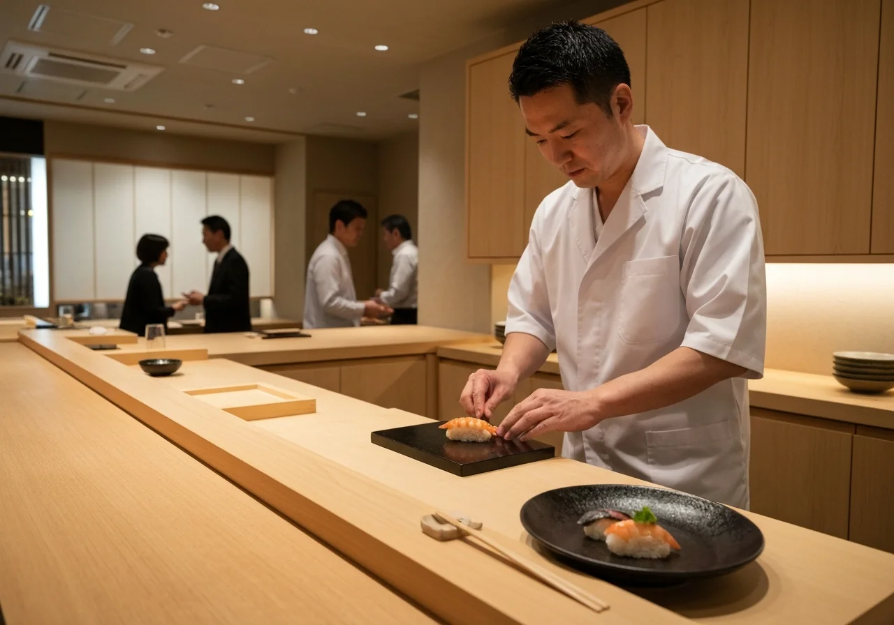 季節の魚介を使った小鉢料理を黒い器に盛り付けた料理写真